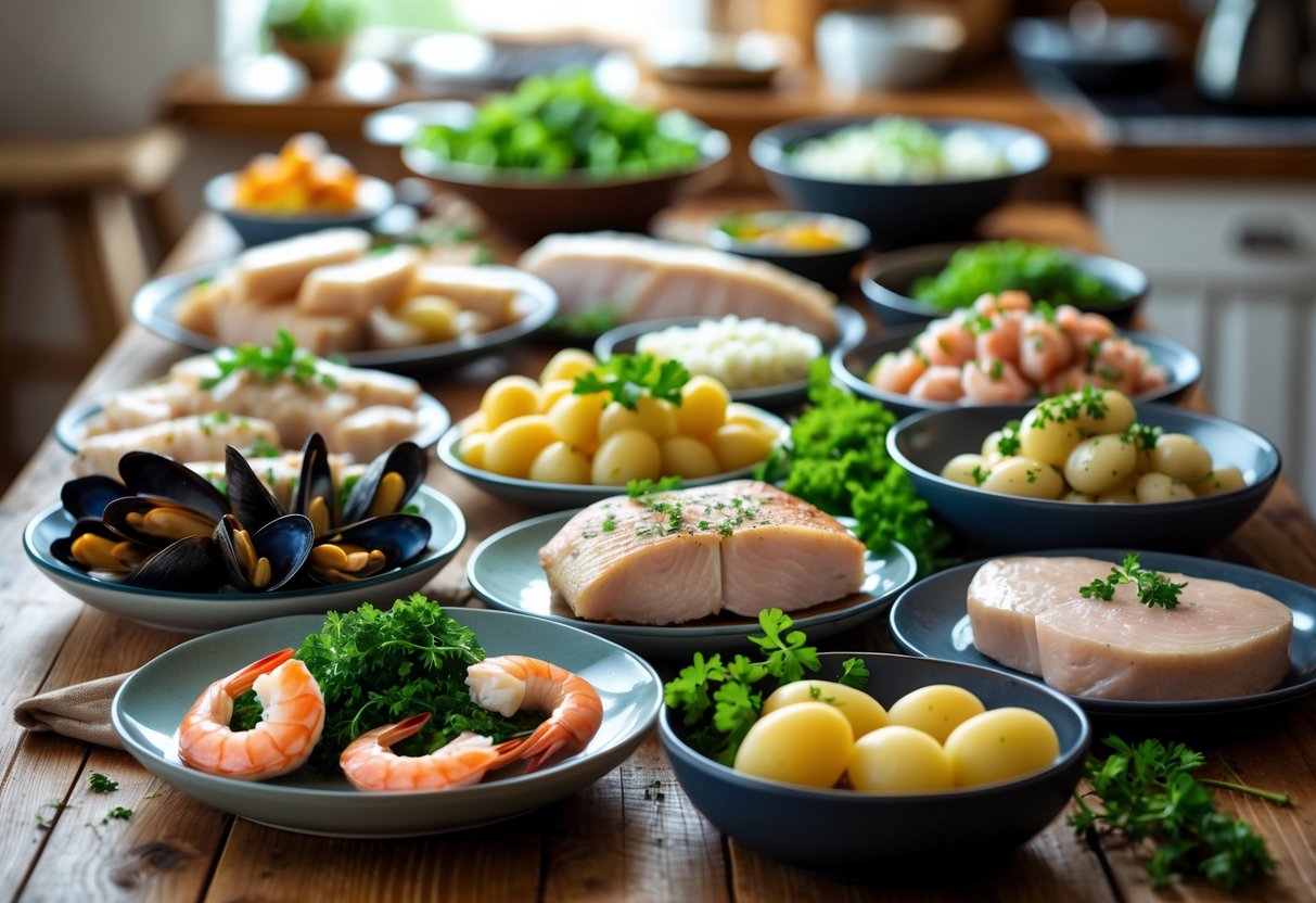 A table with fresh seafood and meat dishes including mussels, fish fillets, shrimp, chicken, and pork, served with potatoes and vegetables in a cozy kitchen setting.