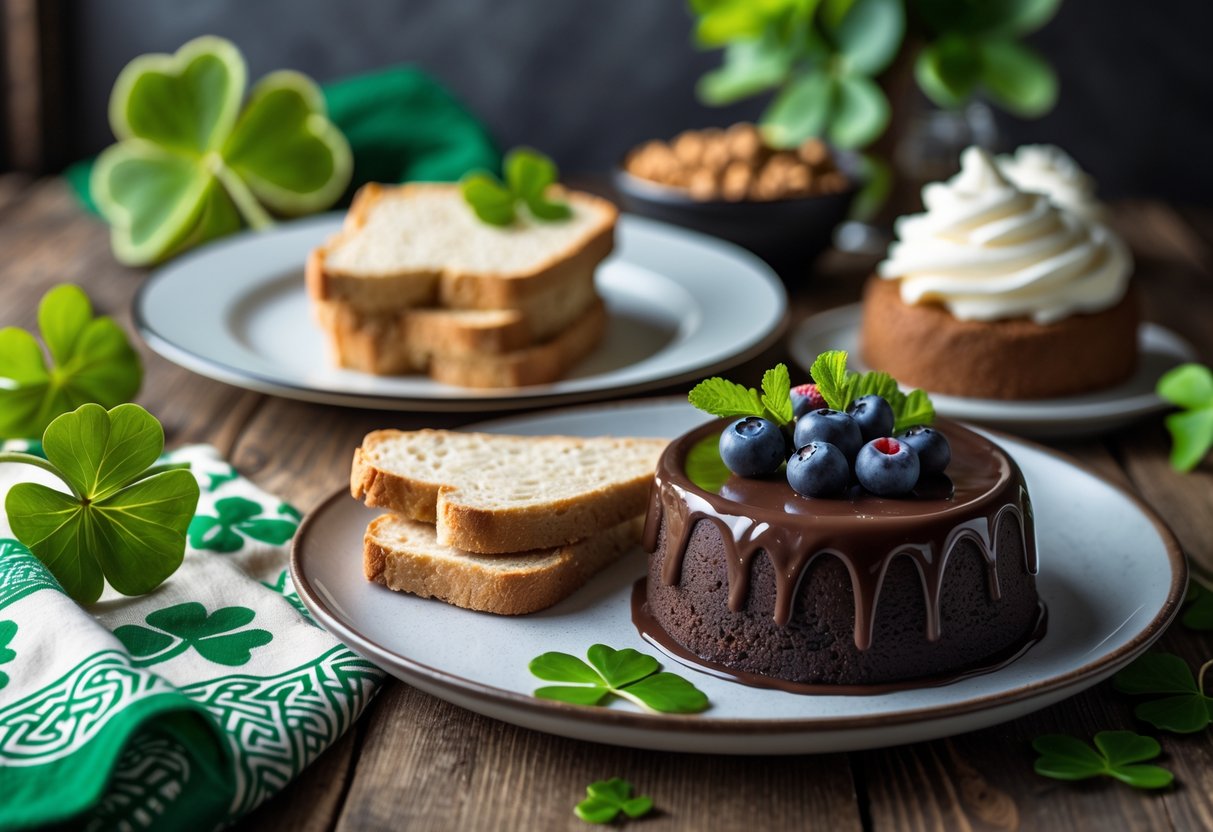 A variety of sugar-free Irish desserts arranged on a wooden table with natural lighting and subtle Irish-themed decor in the background.