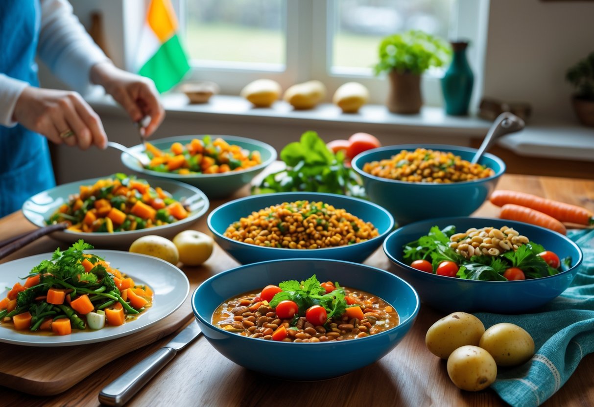 A kitchen table with colorful budget-friendly meals suitable for special diets, including vegetable stir-fry, lentil stew, and fresh salad, with ingredients and hands preparing food in an Irish kitchen.