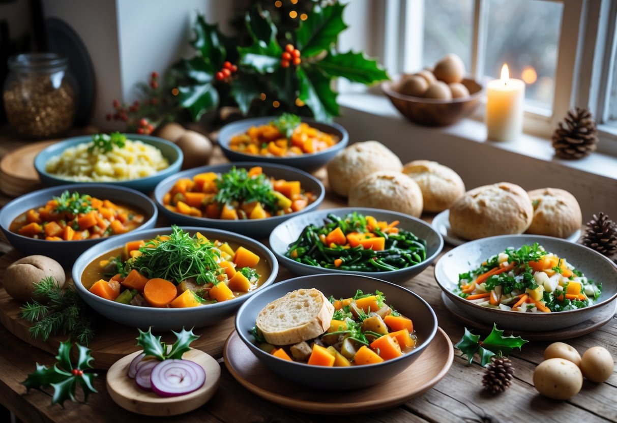 A table with several seasonal Irish budget meals including vegetable stew, soda bread, and fresh salads, decorated with festive greenery and candles.