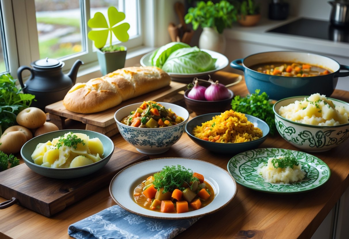 A wooden table in a kitchen with various budget-friendly Irish meals and fresh vegetables arranged under natural light.