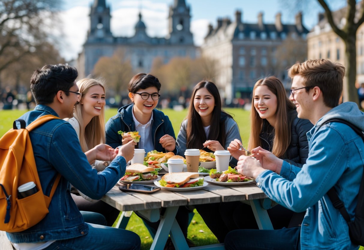 A group of university students eating and enjoying food together outdoors in a park in Dublin.