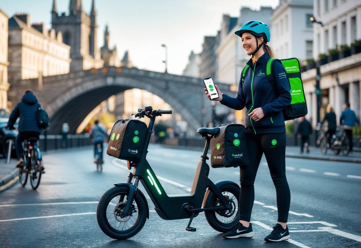 A food delivery person with a scooter and smartphone standing on a street in Dublin with the Ha'penny Bridge and Georgian buildings in the background.