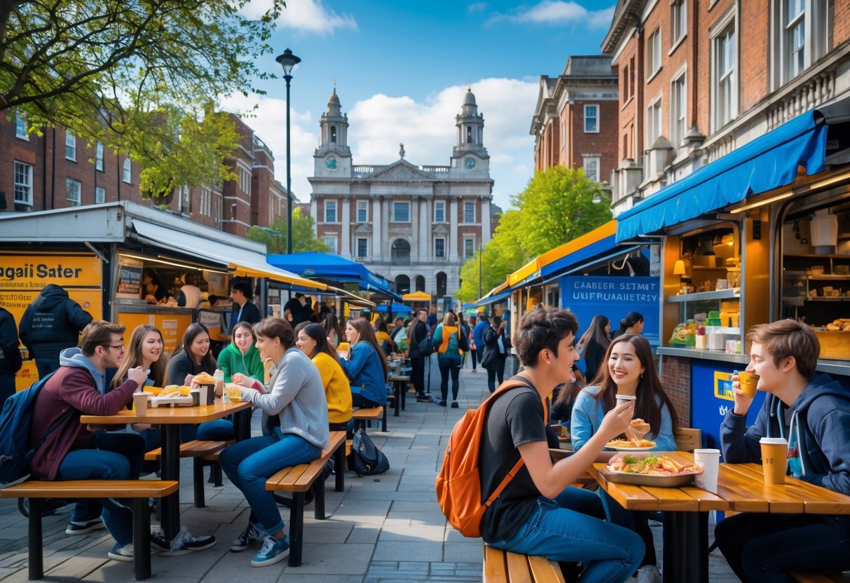 Students enjoying affordable street food near university buildings on a lively Dublin street.