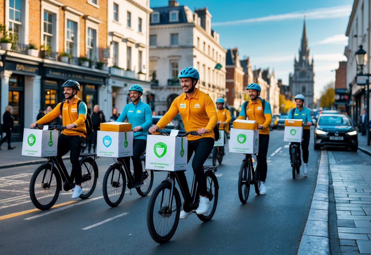 Food delivery couriers riding bicycles and scooters on a busy Dublin street, delivering food packages with city buildings in the background.