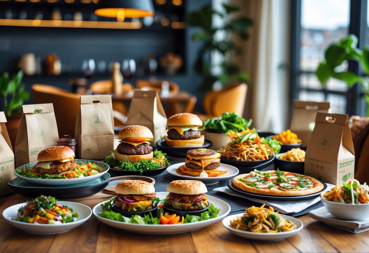 A table filled with a variety of popular restaurant meals ready for delivery in a modern Dublin apartment.