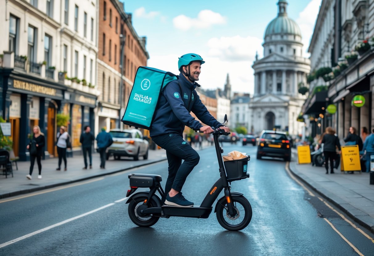 A delivery person on an electric scooter riding through a busy Dublin street with historic buildings and cafes in the background.