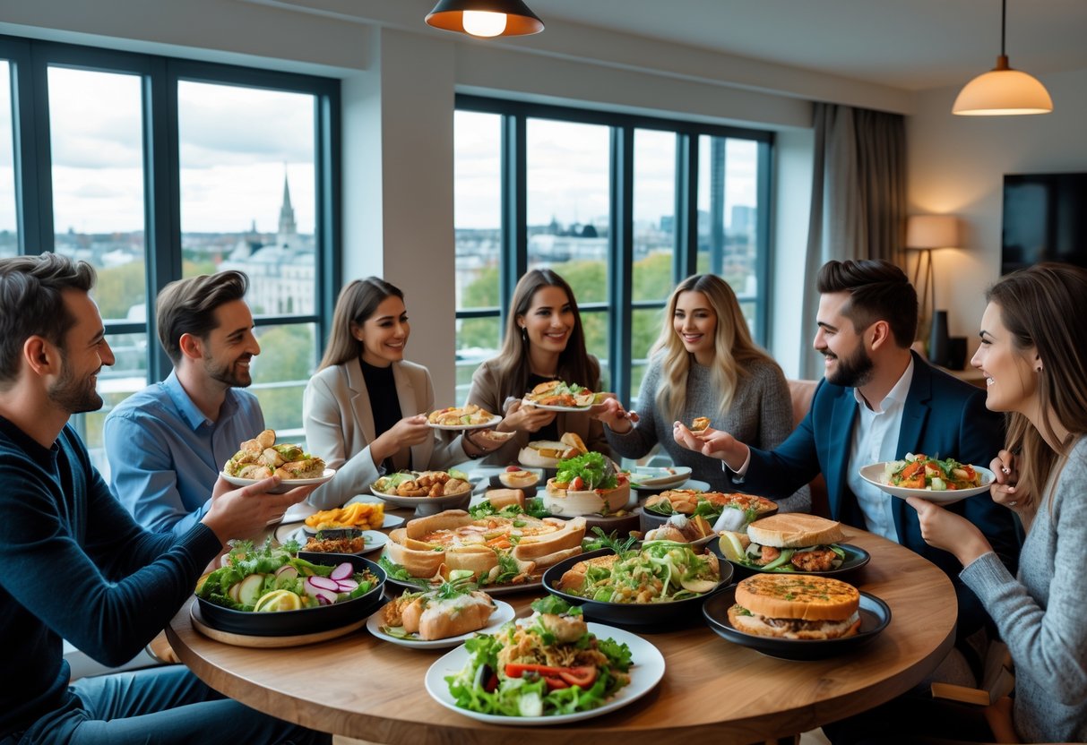 People enjoying a variety of delivered meals together in a modern apartment with a view of Dublin city.