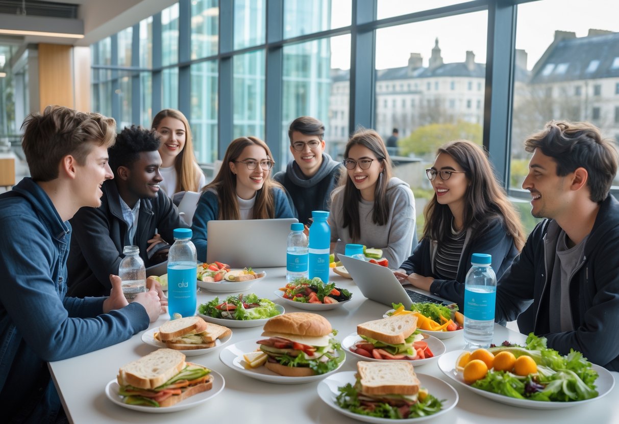 A group of university students sitting around a table with healthy food and drinks, talking and smiling in a bright cafeteria with city views.