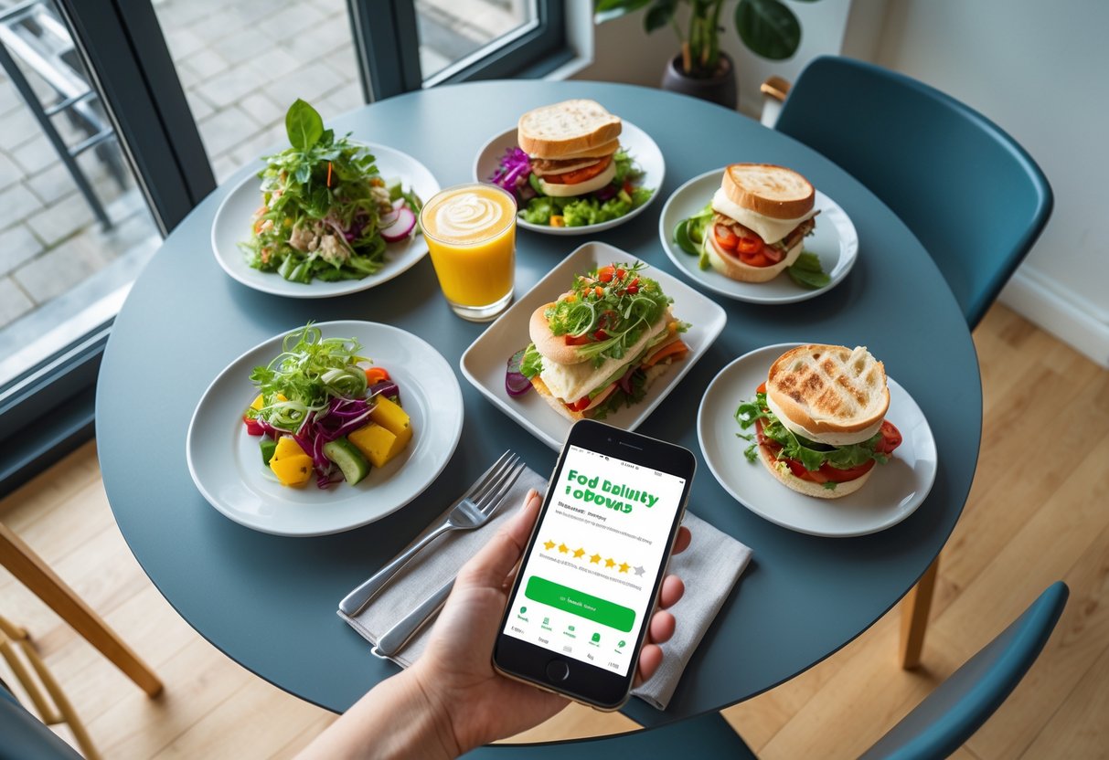 Top-down view of a dining table with various fresh food delivery dishes and a smartphone showing a food delivery app in a bright apartment.