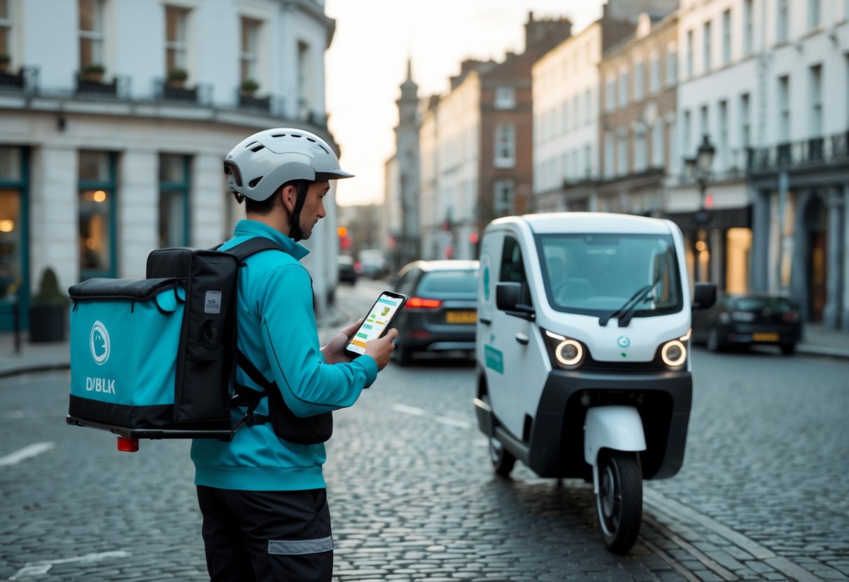 A delivery driver in Dublin holding a smartphone with a map, standing next to a delivery scooter on a city street with Georgian buildings in the background.
