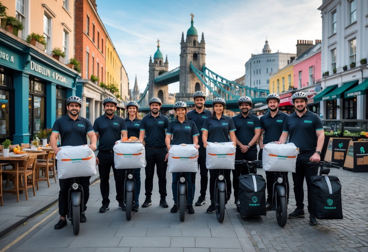 Delivery drivers with scooters and bicycles standing on a Dublin street with cafes and iconic buildings in the background.