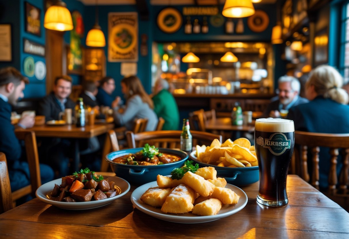 Interior of a cozy Irish restaurant in Dublin with wooden tables, traditional Irish dishes on the table, and people enjoying their meals.