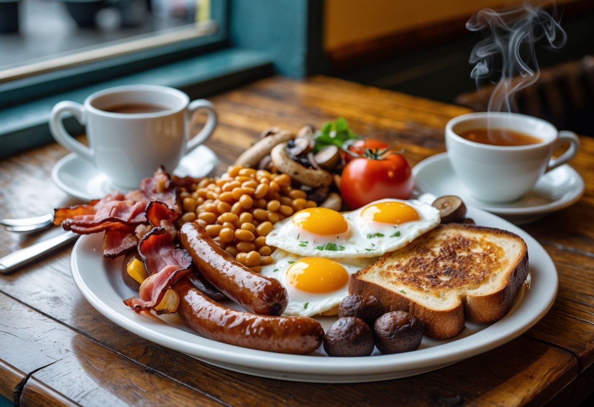 A plate of traditional Irish breakfast with bacon, sausages, eggs, black and white pudding, beans, tomatoes, mushrooms, and toast on a wooden table with a cup of tea in a cozy café.