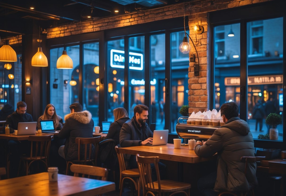 Interior of a cozy all-night café in Dublin with customers enjoying coffee and food late at night.