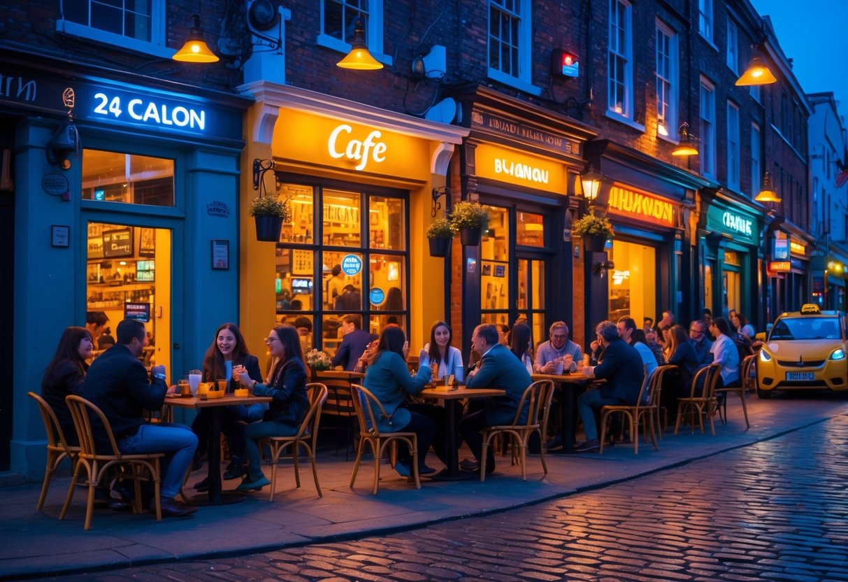 Nighttime street in a Dublin neighborhood with various open restaurants and people enjoying food outdoors.