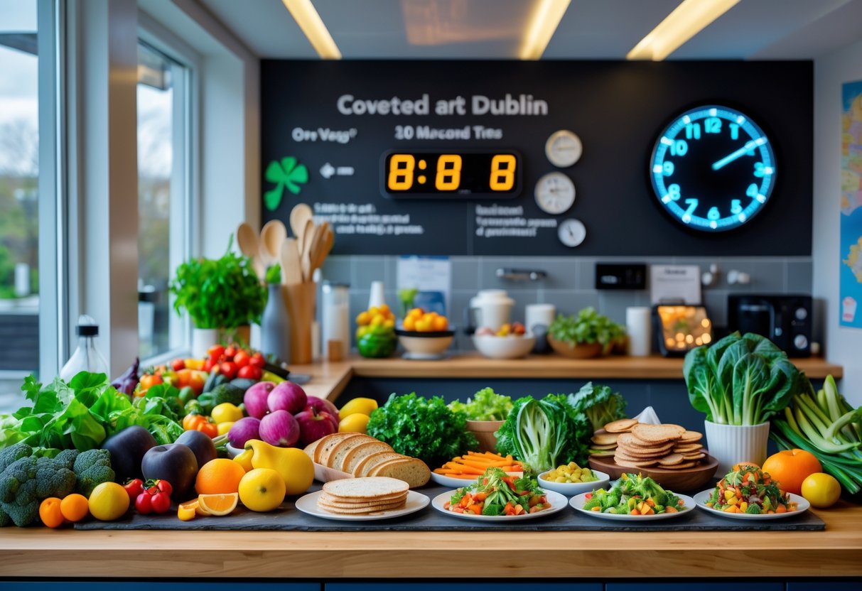 A kitchen countertop displaying a variety of healthy and special diet foods with a clock showing late-night time in the background.