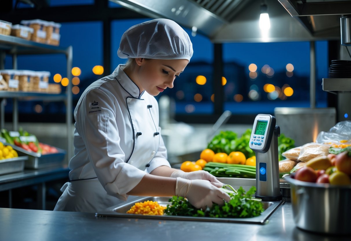 A chef in a clean kitchen at night inspecting fresh ingredients with food safety tools visible, shelves stocked with food, and city lights outside the window.