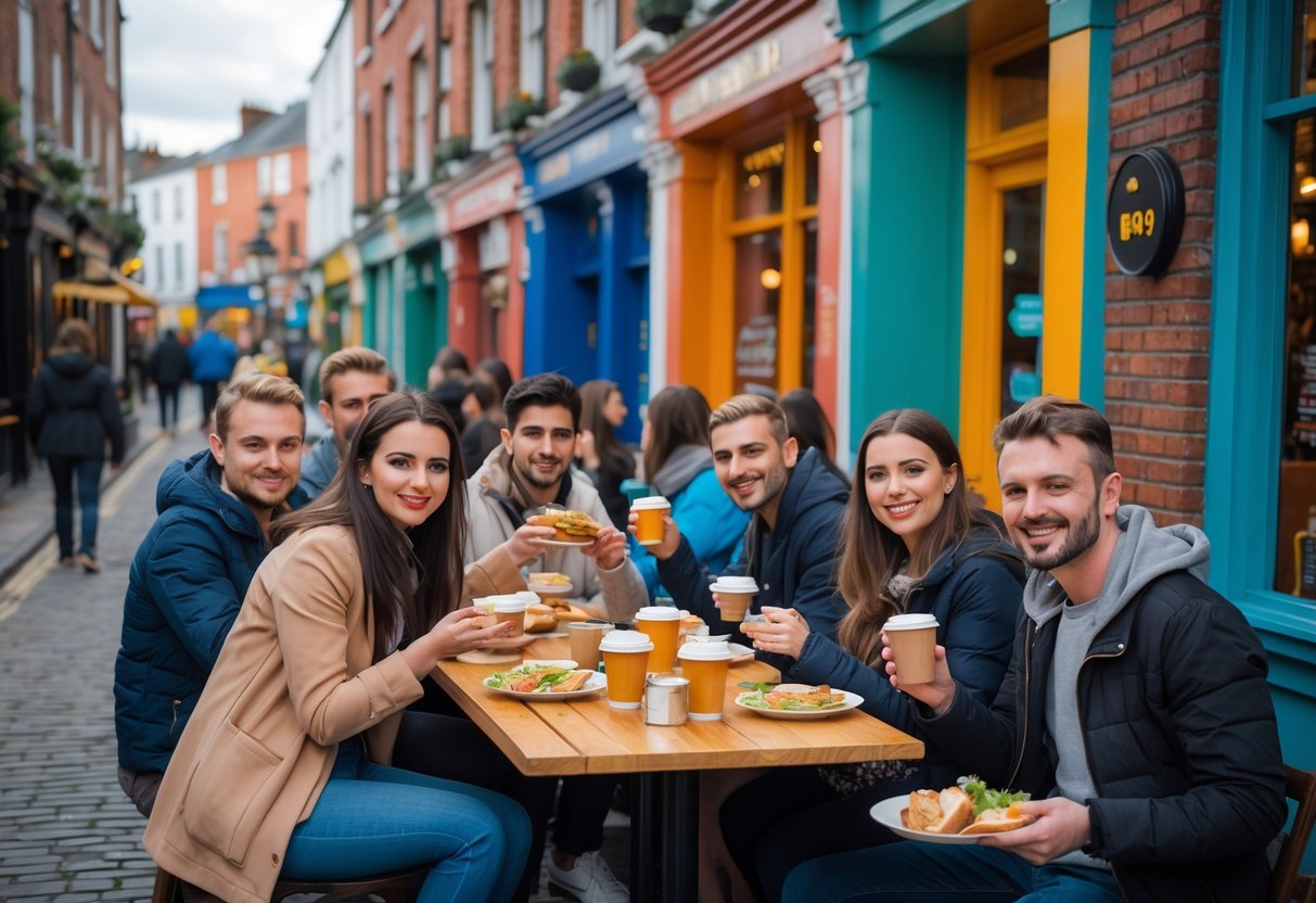 People enjoying affordable meals at outdoor tables on a lively Dublin street with brick buildings and colorful shops.