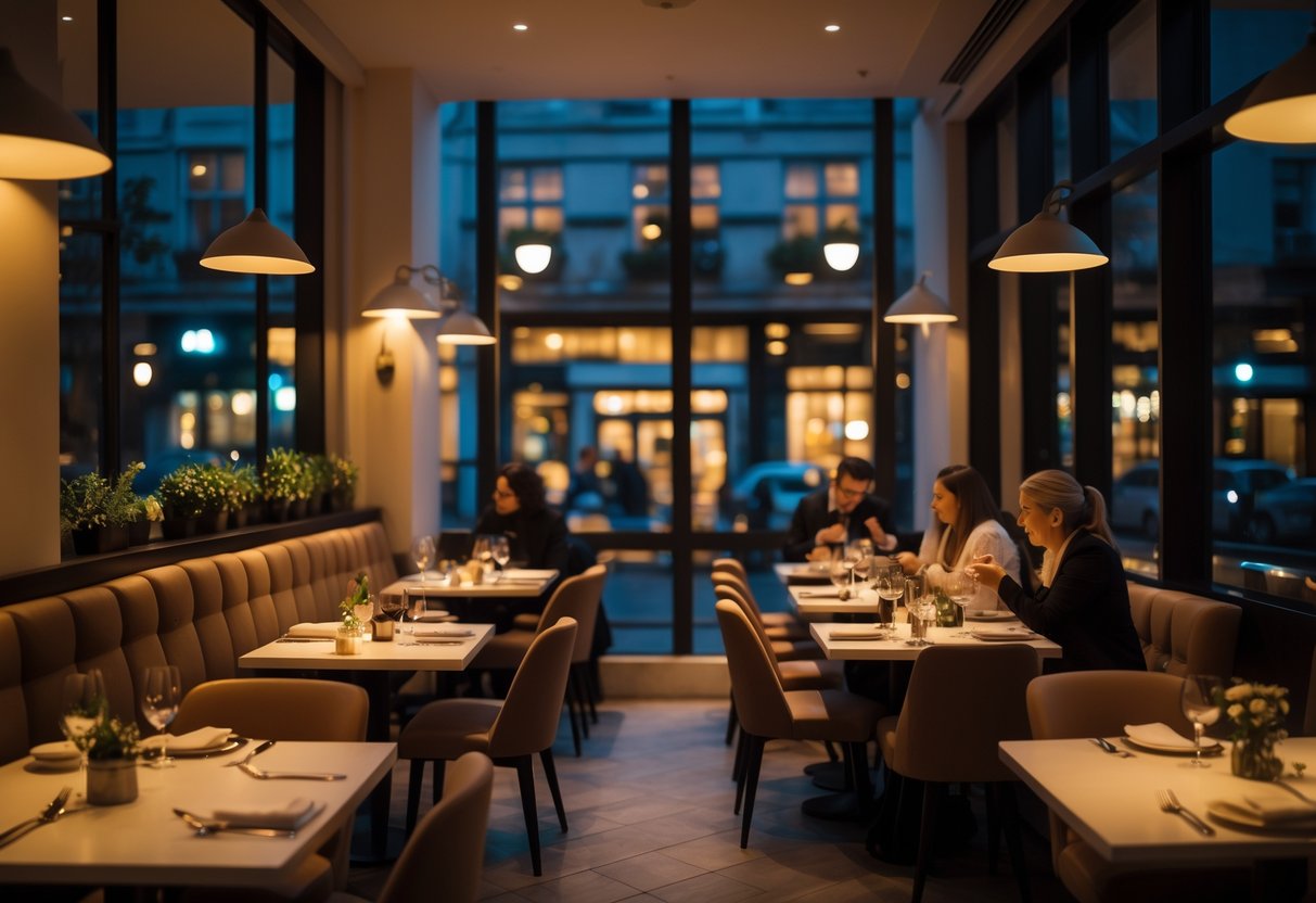 Cozy restaurant interior at night with people dining and warm ambient lighting, showing a view of a city street outside.