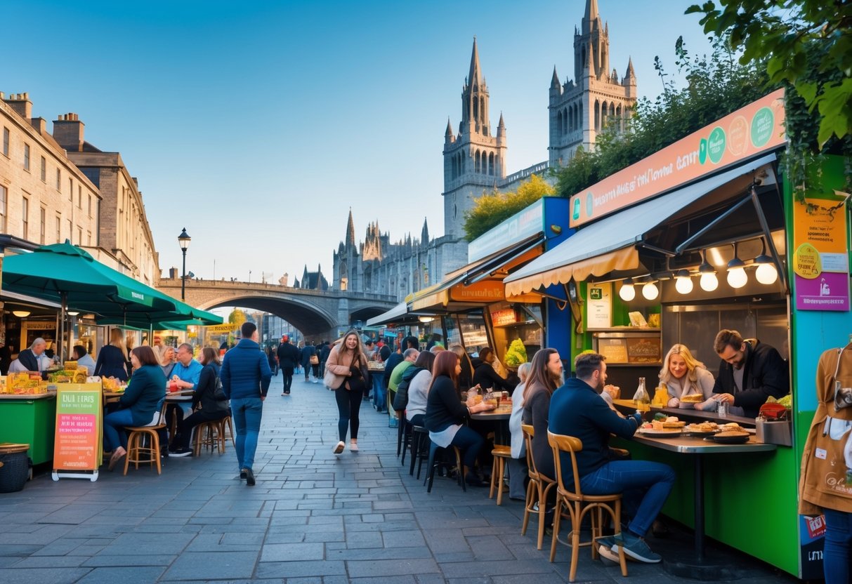 People enjoying affordable food at outdoor stalls near famous Dublin landmarks with historic buildings in the background.