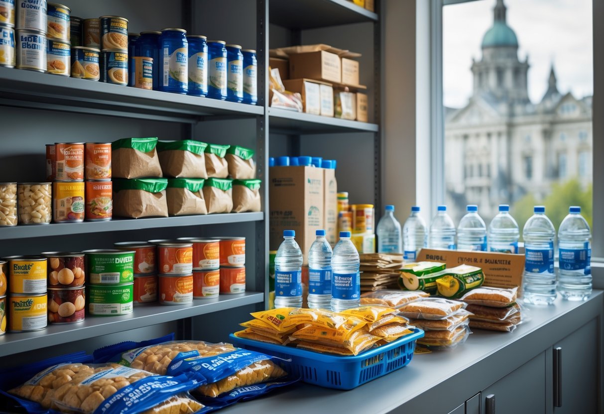 A neatly arranged emergency food supply with canned goods, bottled water, and packaged meals in a clean storage area with a city view in the background.