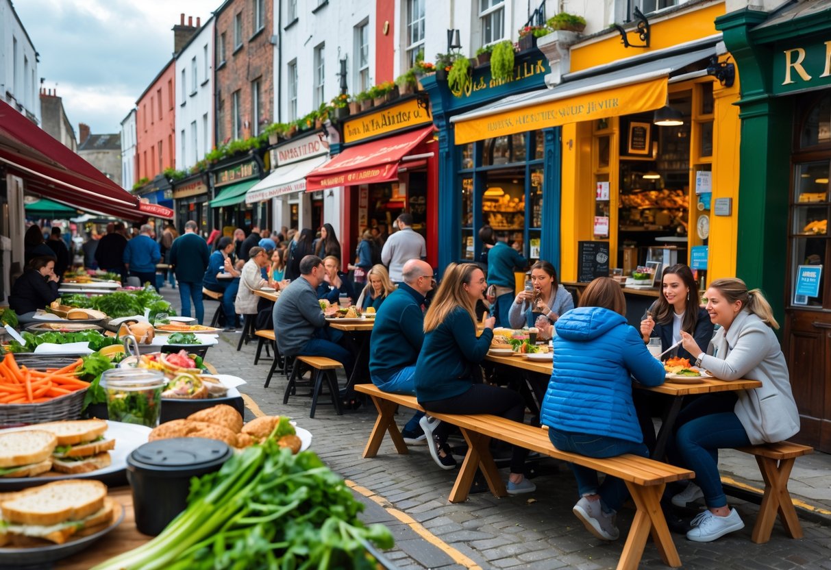 People eating at outdoor food stalls on a busy street in Dublin with traditional buildings in the background.