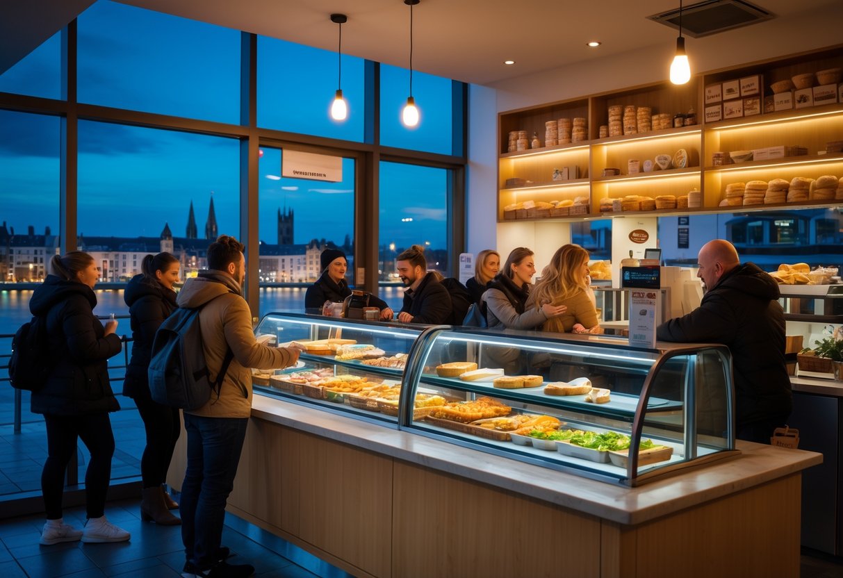 A modern 24-hour food counter in Dublin at night with customers and staff inside, and the city visible through the window.