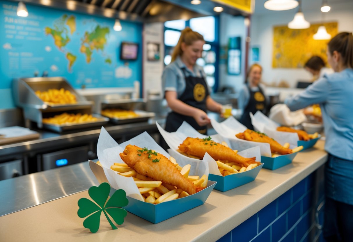 Freshly cooked fish and chips served at a busy takeaway counter with staff and traditional Irish decor in the background.