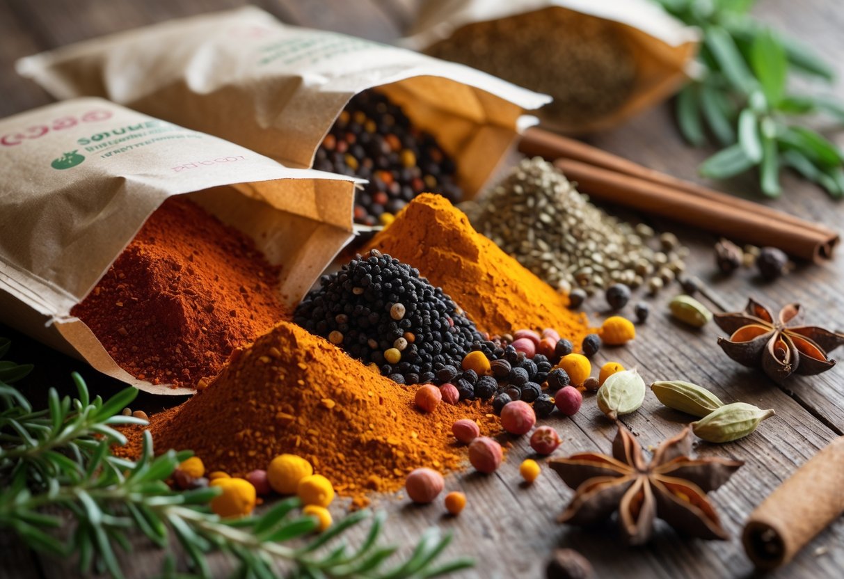 Several open spice bags spilling colorful spices and whole herbs onto a wooden surface.