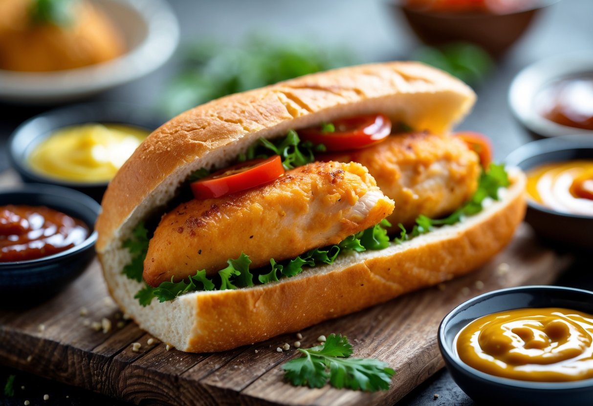 Close-up of a chicken fillet roll on a wooden board with several small bowls of different sauces around it.