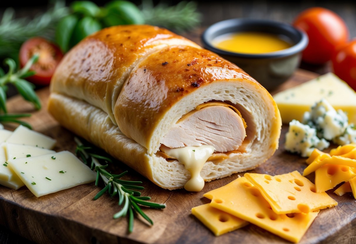 Close-up of a chicken fillet roll on a wooden board surrounded by various types of cheese and melted cheese sauce, with fresh herbs and cherry tomatoes nearby.