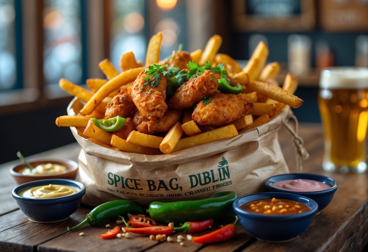 A close-up of a spice bag meal with crispy fries, spicy chicken, and green peppers on a wooden table, accompanied by dipping sauces and a pint of beer in the background.