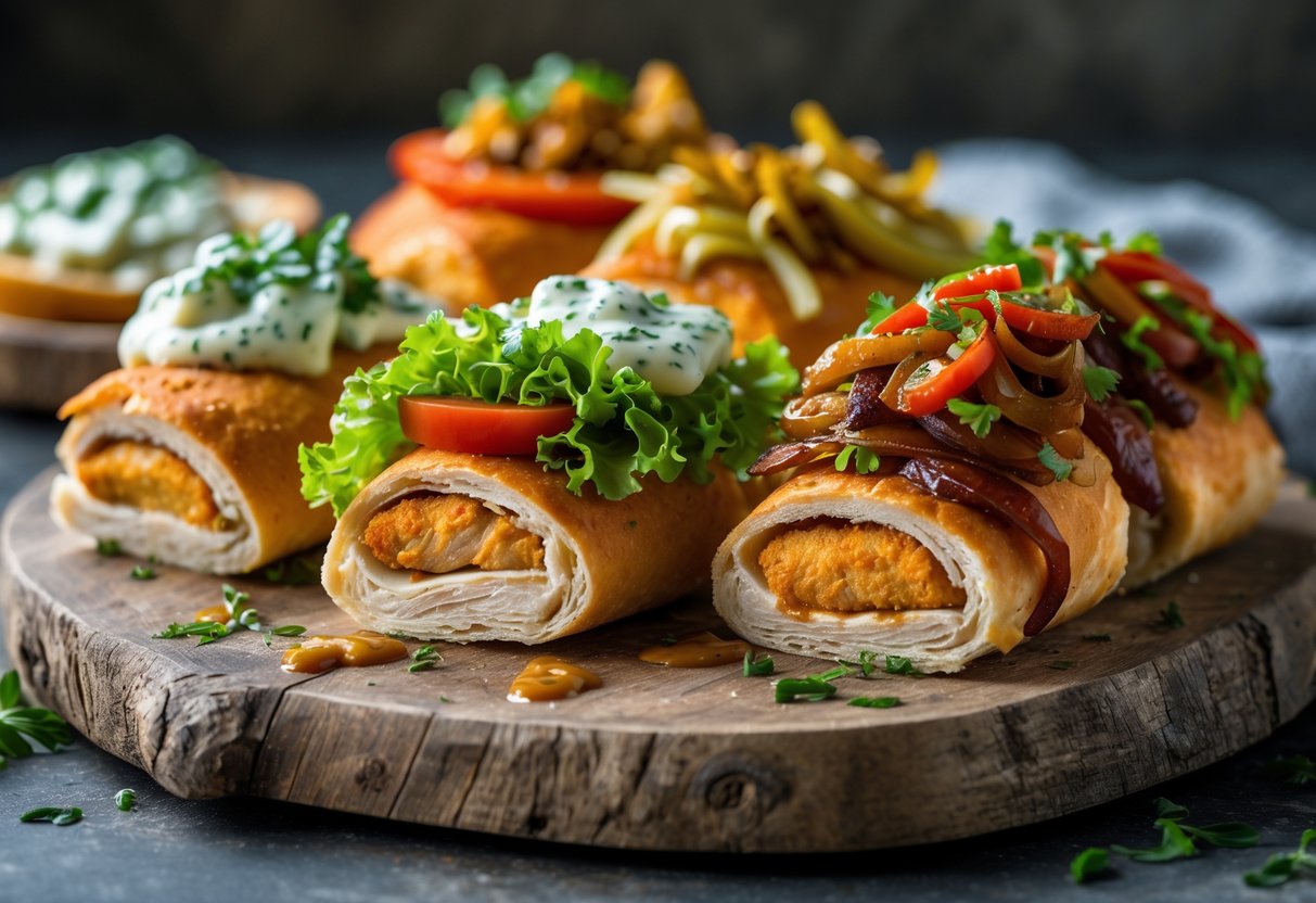 Close-up of several chicken fillet rolls with different toppings and sauces arranged on a wooden board.