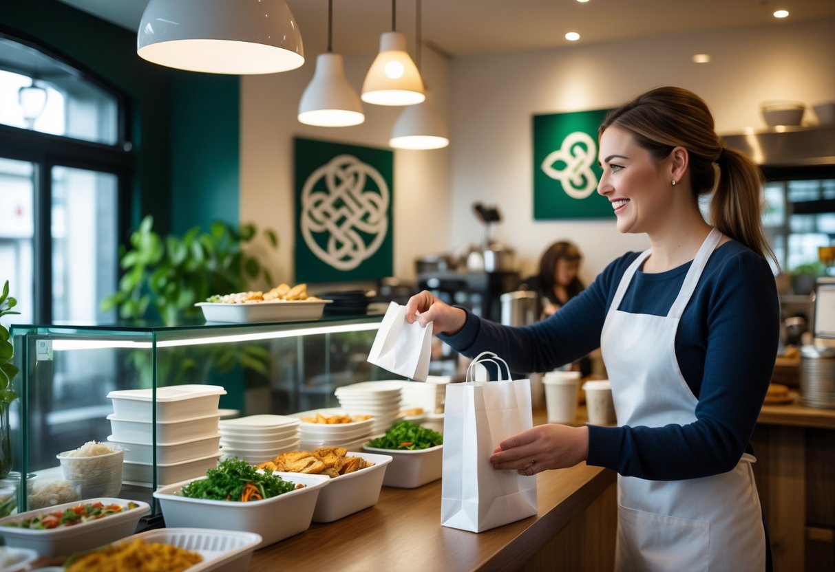 A customer receiving a takeaway bag from a staff member inside a cozy takeaway restaurant with fresh food and subtle Irish decor.