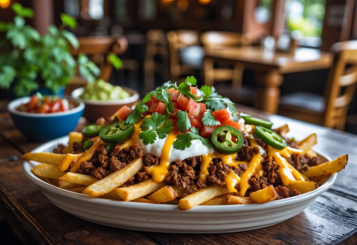 A bowl of taco fries topped with ground beef, cheese, tomatoes, jalapeños, cilantro, and sour cream on a wooden table with salsa and guacamole nearby in a cozy pub setting.