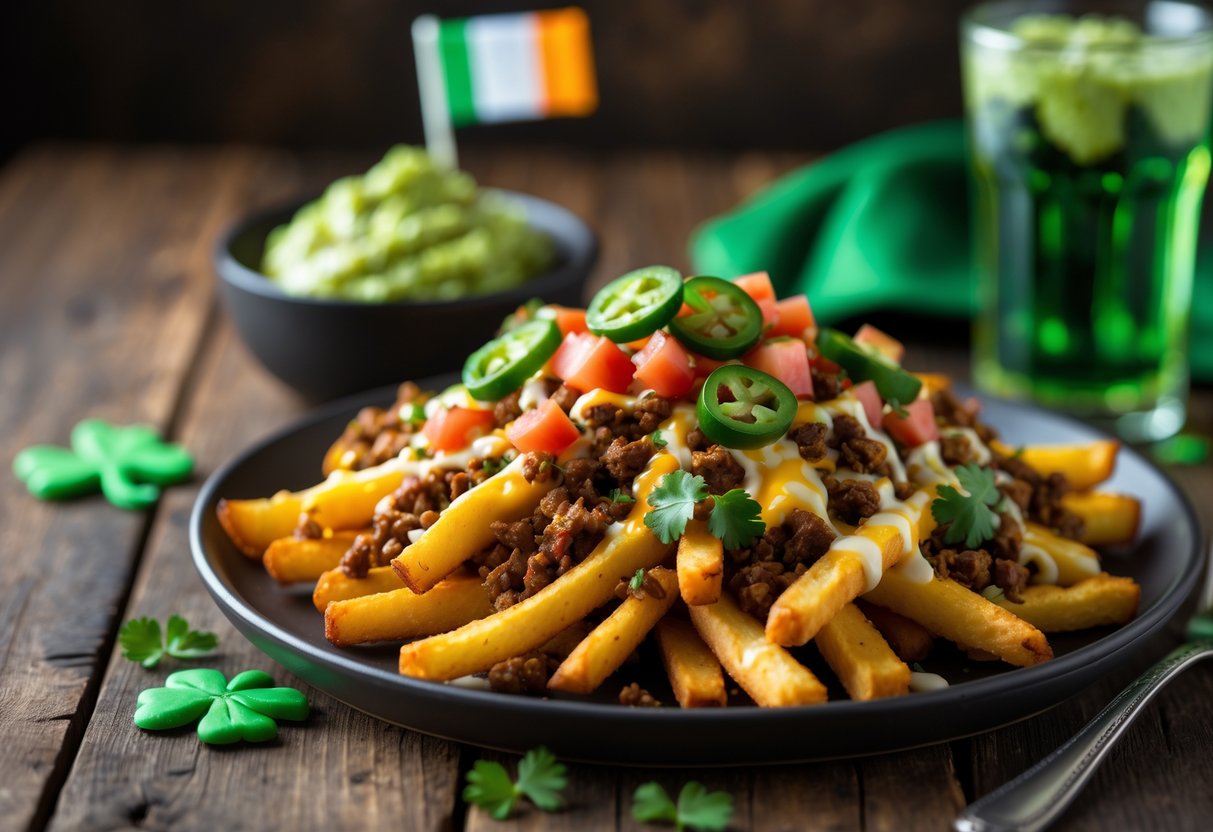A plate of taco fries topped with cheese, ground beef, tomatoes, jalapeños, and cilantro on a wooden table with a bowl of guacamole and a glass of soda, with subtle Irish-themed decorations in the background.