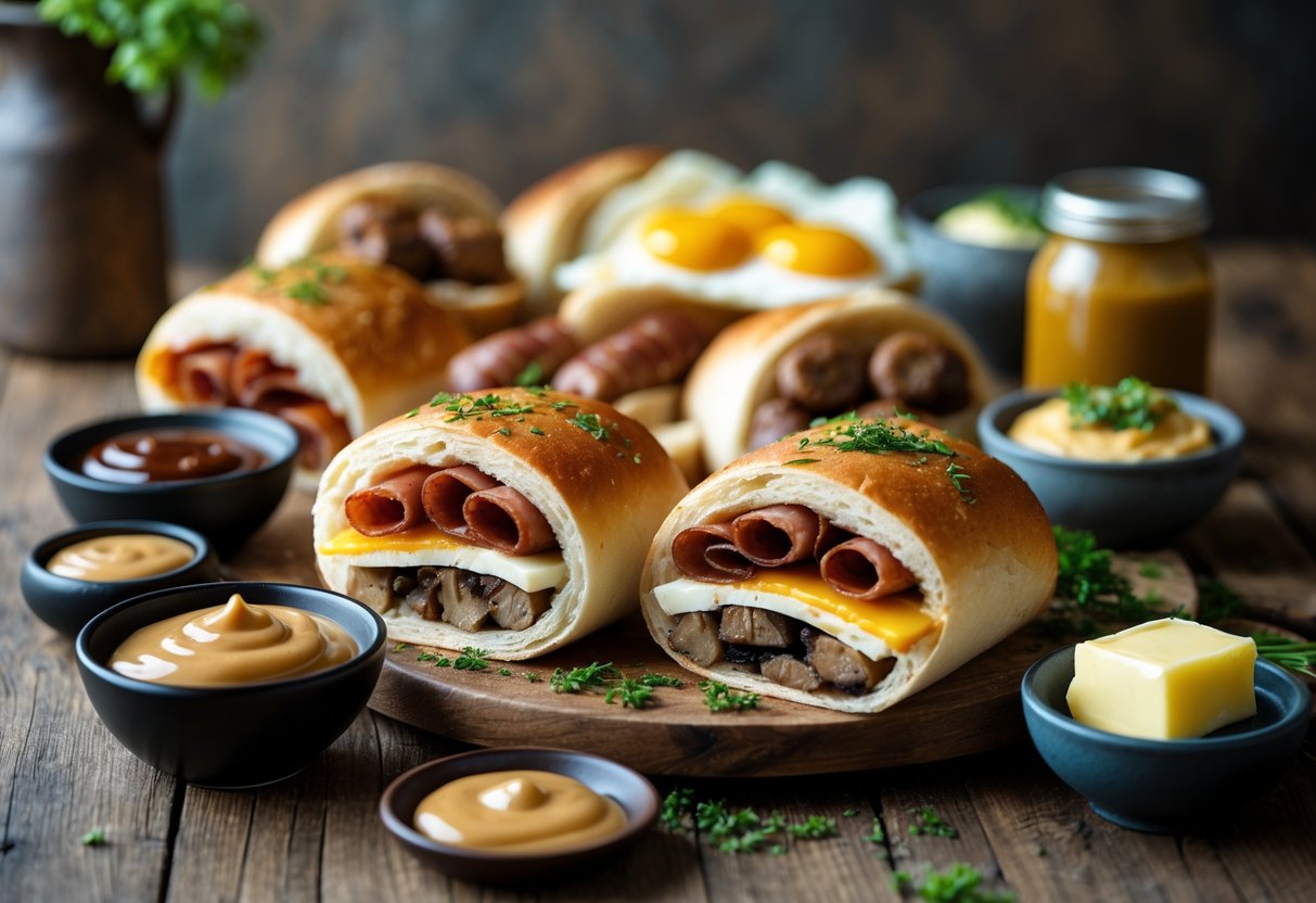 A variety of Irish breakfast rolls filled with bacon, sausages, eggs, and pudding, surrounded by bowls of sauces on a wooden table.