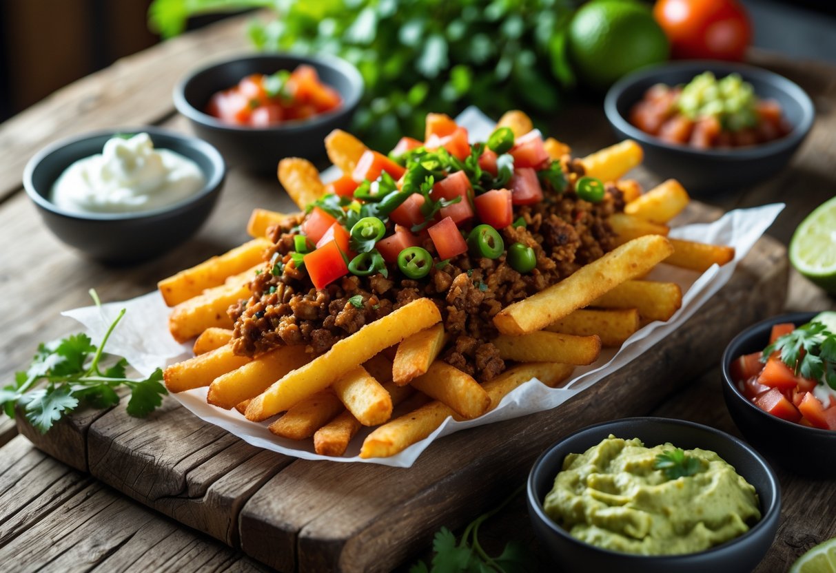 A plate of crispy taco fries topped with seasoned taco mince and chili toppings on a wooden table with bowls of sour cream, guacamole, and salsa nearby.