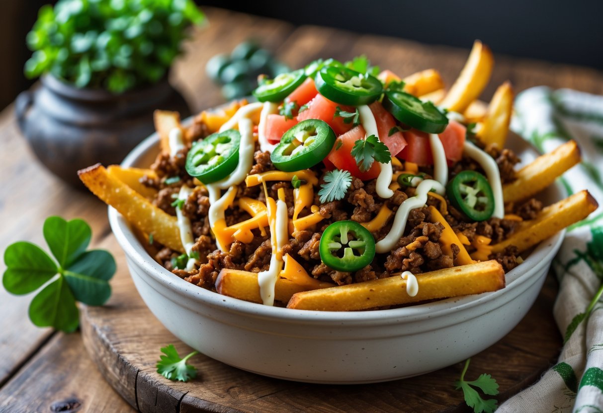 A bowl of crispy fries topped with seasoned beef, cheese, tomatoes, jalapeños, and cilantro on a wooden table with Irish-themed decor in the background.