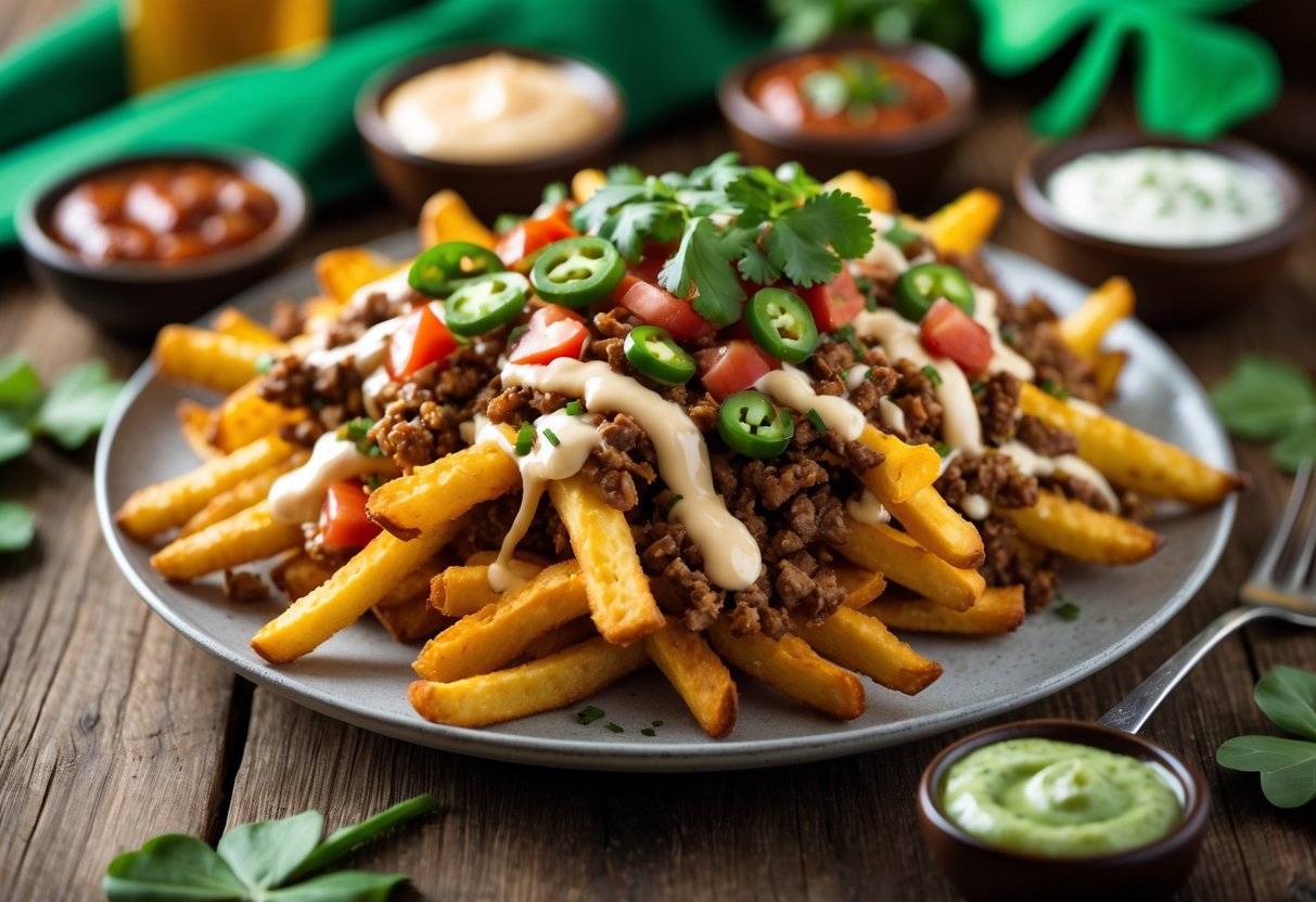 A plate of taco fries topped with cheese, ground beef, and vegetables, surrounded by small bowls of sauces on a wooden table with subtle Irish-themed decorations in the background.