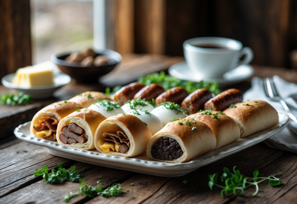 A wooden table with plates of Irish breakfast rolls filled with bacon, sausage, eggs, and mushrooms, accompanied by a cup of tea.
