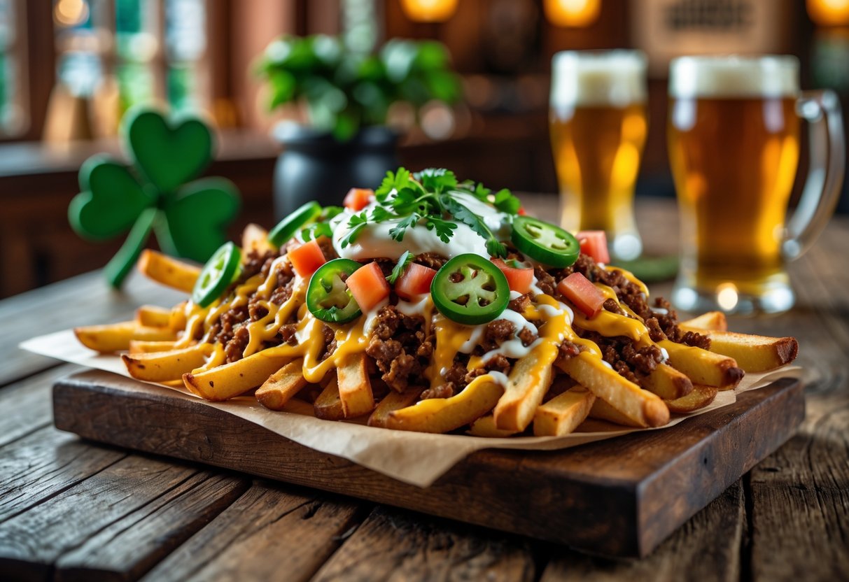 A plate of taco fries topped with cheese, ground beef, tomatoes, jalapeños, and sour cream on a wooden table in an Irish pub setting.
