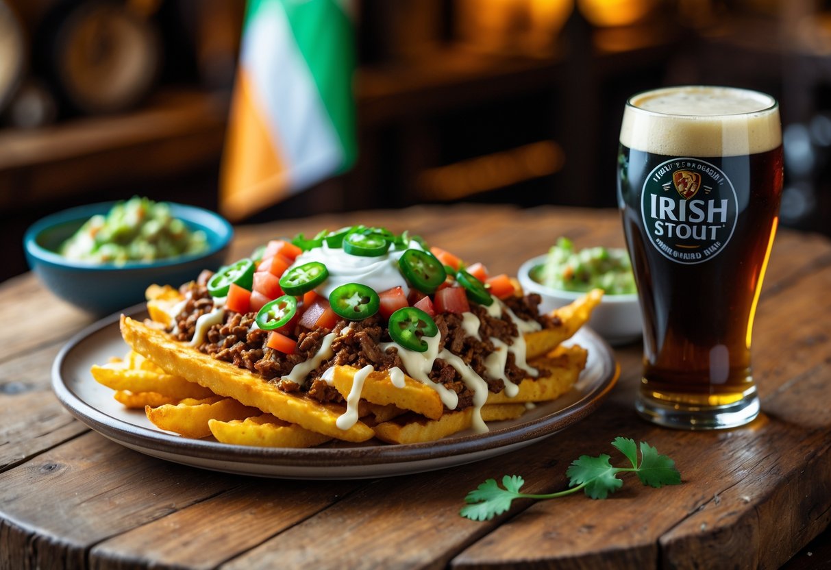 Plate of taco fries topped with cheese, beef, tomatoes, jalapeños, and sour cream next to guacamole and a glass of Irish stout beer on a wooden table.