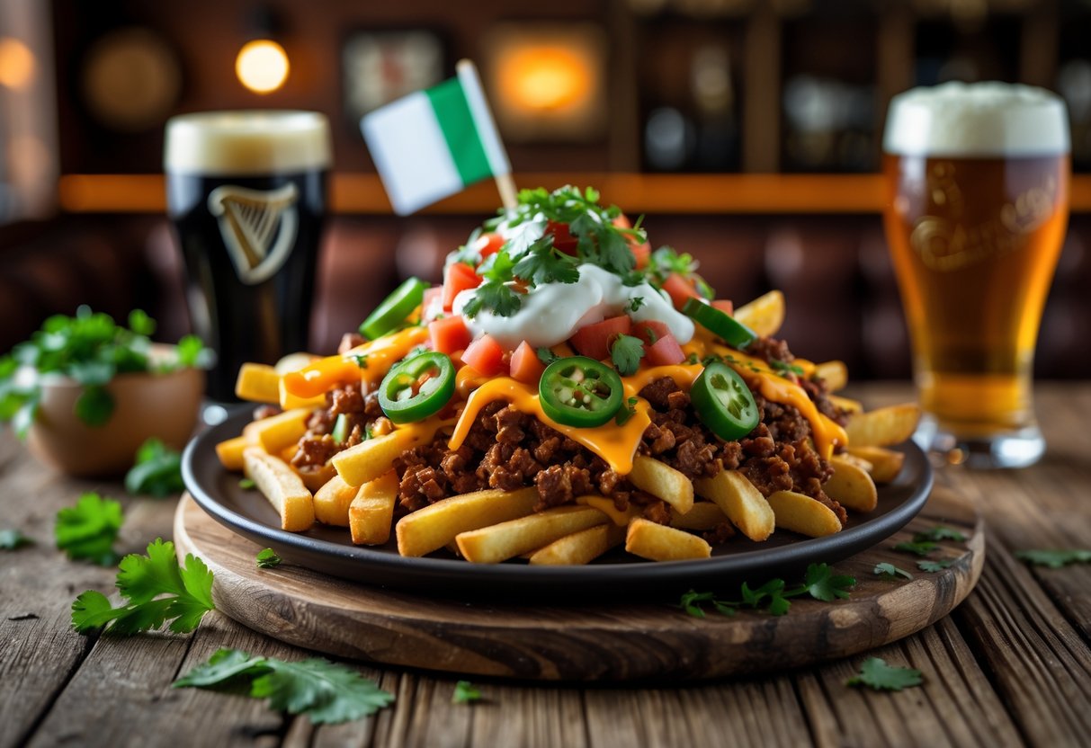 A plate of taco fries topped with ground beef, cheese, tomatoes, jalapeños, cilantro, sour cream, and salsa on a wooden table with Irish cultural elements in the background.