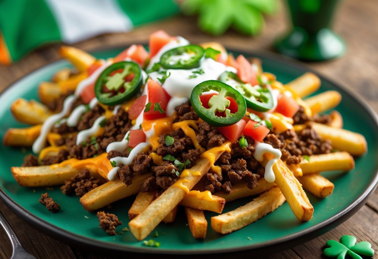 Close-up of a plate of taco fries topped with ground beef, cheese, tomatoes, jalapeños, and sour cream on a wooden table with subtle Irish decorations in the background.