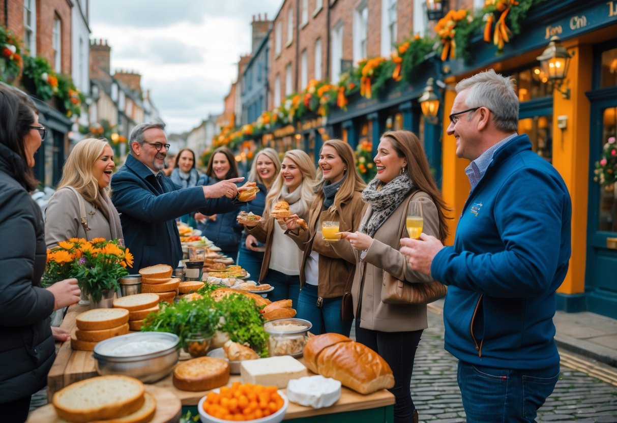 A group of people enjoying a guided outdoor food tasting tour on a cobblestone street in Dublin with historic buildings and food stalls around them.