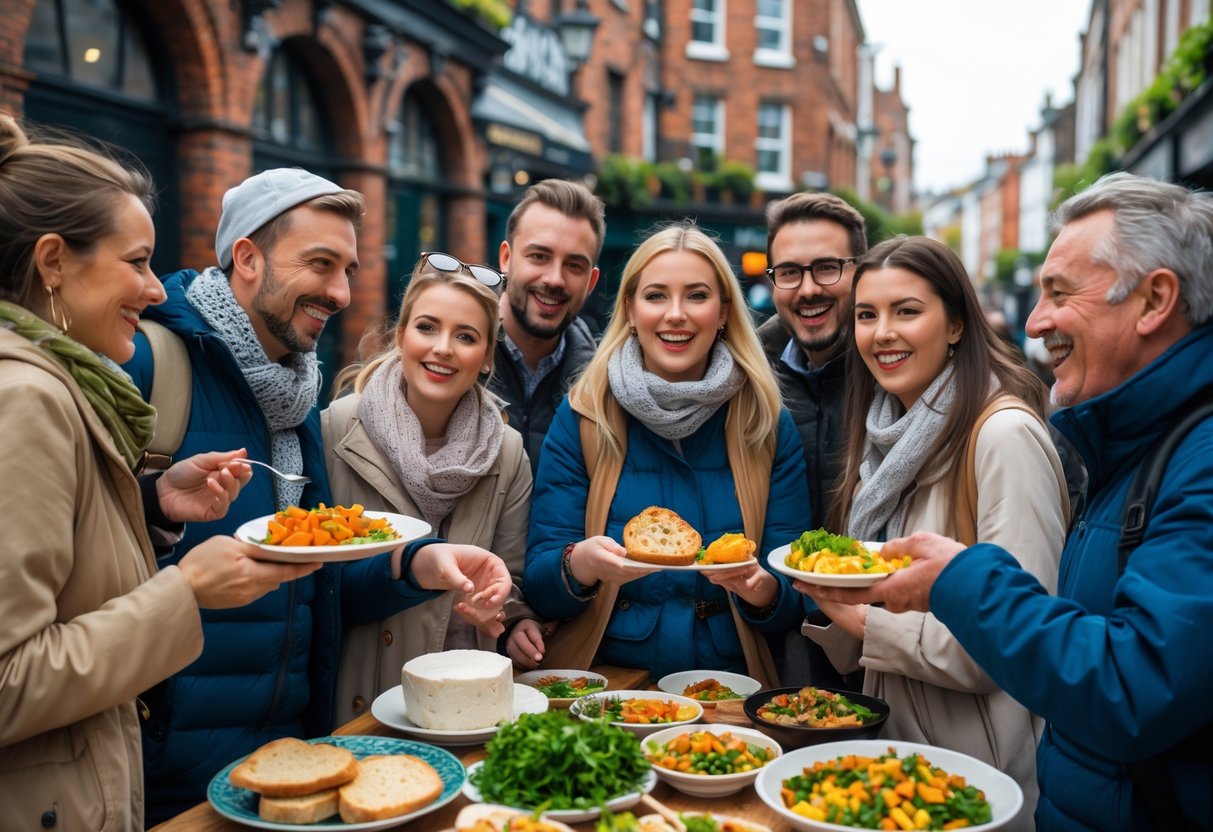 A group of tourists enjoying a food tasting with a local guide on a street in Dublin, surrounded by historic buildings.