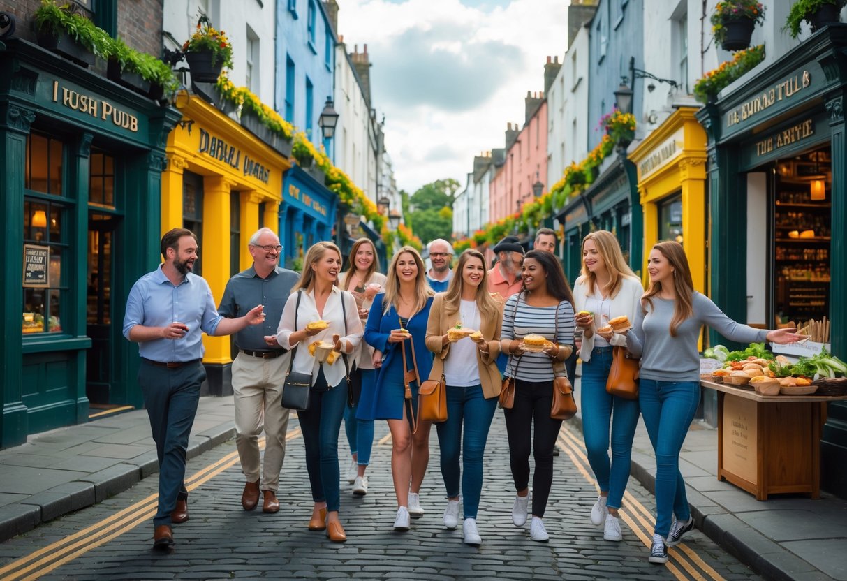 A group of tourists on a Dublin food tour walking along a cobblestone street with food stalls and historic buildings, enjoying samples and guided by a tour leader.