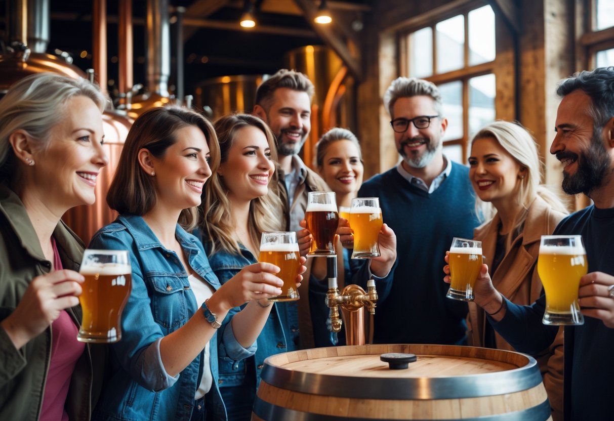 A group of people enjoying a brewery tour inside a brewery in Dublin, with brewing equipment and wooden barrels around them.